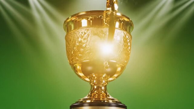 Golden Trophy with Glittering Particles and Spotlights on Green Background.