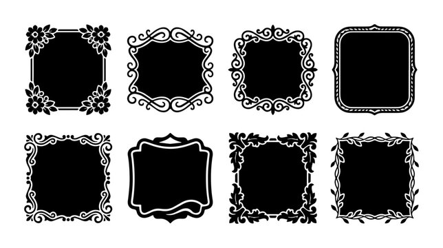 Ornate Black Vector Frames Collection, Decorative Flourish Borders, Elegant Vintage Photo Mounts, Classic Ornamental Embellishments, Set of 8 Graphic Elements