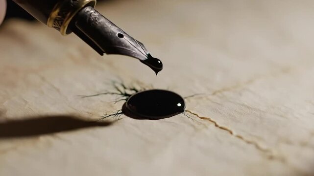 Ink Dropping from Fountain Pen onto Paper.