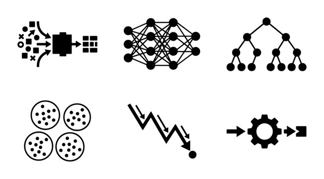Machine Learning Algorithms Icons, Data Science Concepts, AI Neural Network, Decision Tree, Clustering, Workflow Automation Graphics