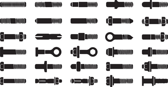 Professional vector icon set of twenty five diverse industrial fasteners bolts screws studs and anchoring hardware isolated on white background for engineering design