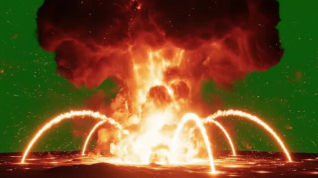 Massive fiery explosion with sparks and smoke on green screen background.