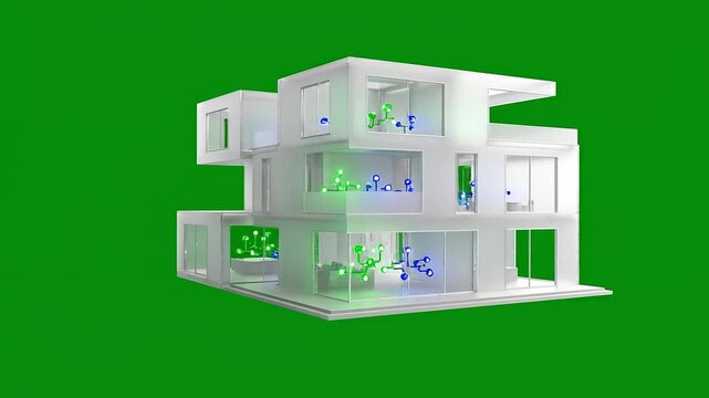 Modern Architectural Model Rotating on Green Screen Background.
