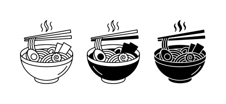 Ramen Bowl Icons, Japanese Noodle Soup Vector Set, Hot Meal Graphics, Asian Cuisine Illustration, Chopsticks Food Design