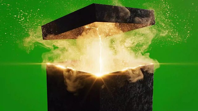 Mysterious Box Opening with Glowing Energy and Smoke on Green Screen.