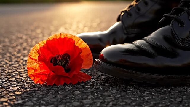 Poppy and Military Boots on Asphalt Road at Sunset.