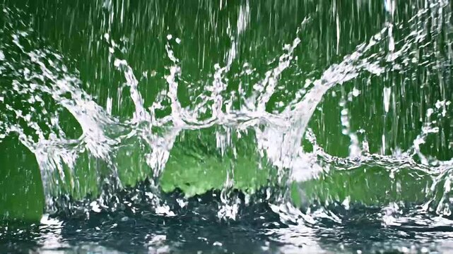 Raindrops Falling and Splashing on Water Surface with Green Background.