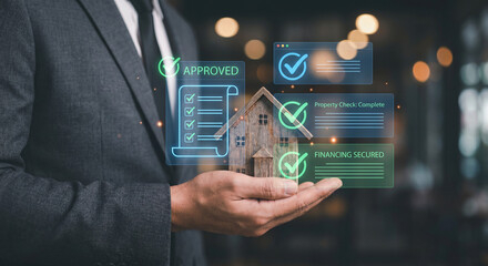 Obraz premium real estate loan approval, holding wooden house model, digital property checklist, financing secured hologram