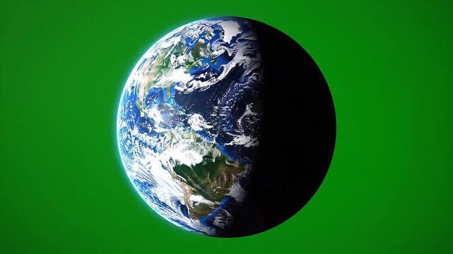 Rotating Earth on Green Screen Background with Day and Night Transition.