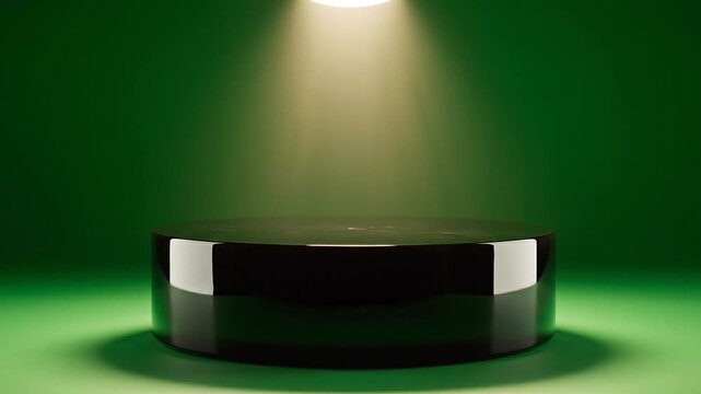 Spotlight on Black Podium with Green Background.