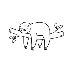 Obraz premium Cute cartoon sloth sleeping on a tree branch, simple black and white line art doodle illustration 