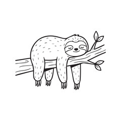 Obraz premium Cute cartoon sloth sleeping on a tree branch, simple black and white line art doodle illustration 