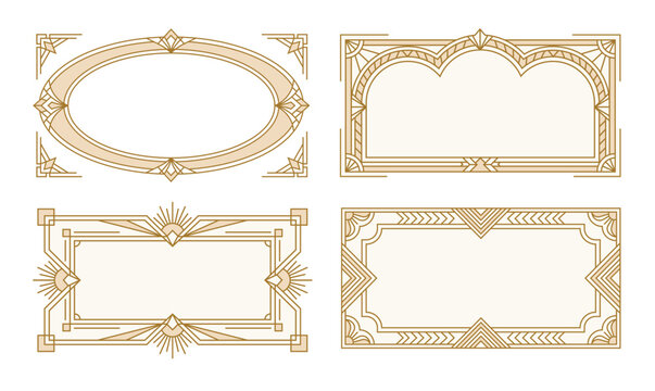 Art Deco Golden Frame Set, Geometric Vintage Borders for Wedding Invitations and Luxury Labels