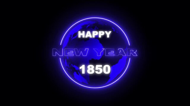 Neon circular globe animation with happy new year 1850 text 4k. Futuristic 1850 new year typography with glowing earth sphere.