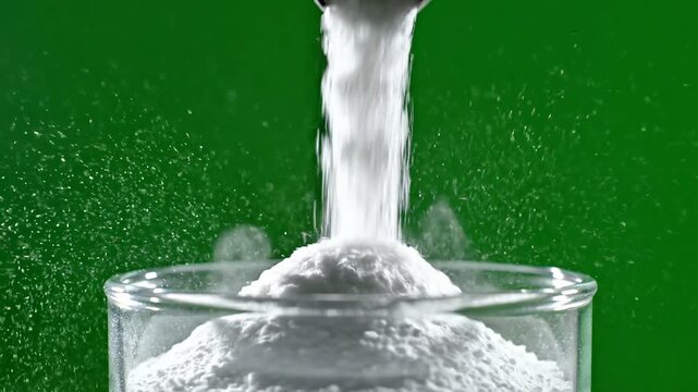 White Powder Poured into Glass Container on Green Background.