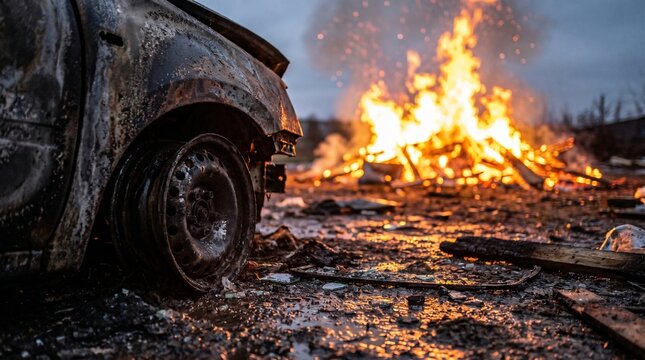 Burnt out car smoldering amidst intense flames and destruction