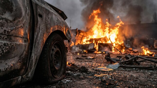 Burnt out car smoldering amidst intense flames and destruction
