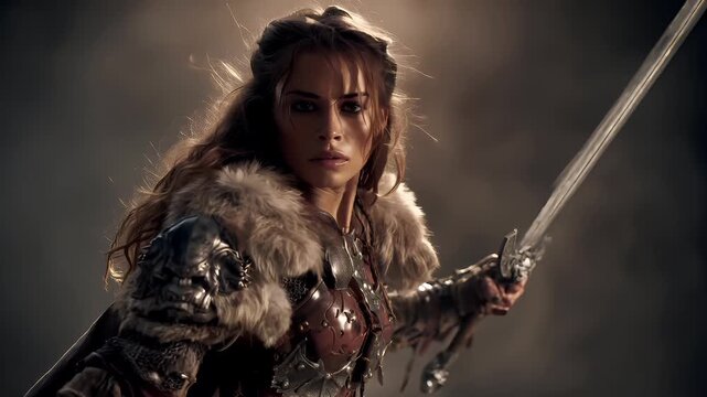 Fantasy wallpaper. A detailed digital artwork depicts a female warrior in a dynamic pose, wielding a long, slender sword. She wears ornate armor with silver and red accents.
