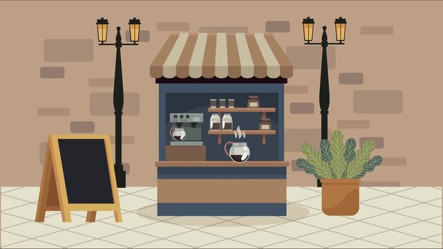Charming outdoor coffee kiosk with striped awning, menu board, and potted plant on a tiled ground street setting footage.