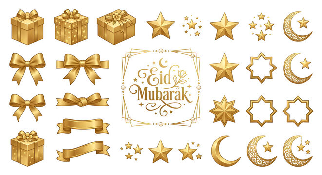 Luxurious Golden Eid Mubarak Decoration Set with Crescent Moon Stars Lanterns Gift Boxes and Ornamental Frame for Islamic Holidays and Festive Celebration