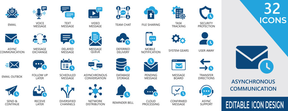 Premium asynchronous communication solid icon set. Features remote, feedback , collaboration, management, message, workflow,  and productivity symbols.