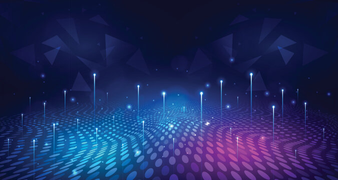 Abstract futuristic network with glowing lines and geometric shapes on a dark blue background