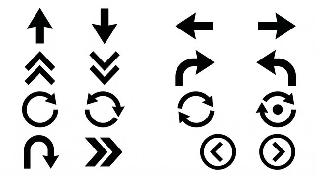 Black navigation arrows and circular refresh icons set isolated on white modern interface symbols