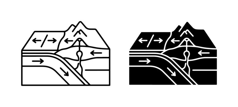Tectonic Plate Convergence, Subduction Zone Diagram, Geological Cross-Section, Earth Science Illustration, Mountain Formation, Volcanic Activity, Scientific Education Vector Set