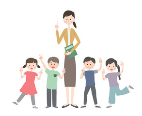 Fototapeta premium 笑顔でポーズをとる教師と子供たち