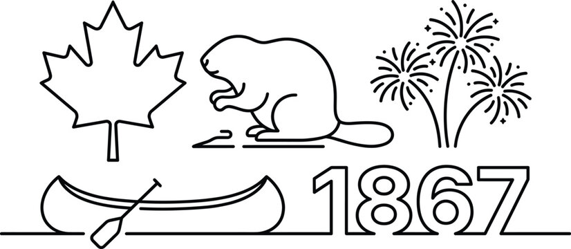 Canadian symbols illustration with beaver, maple leaf and canoe Vector Canada Day