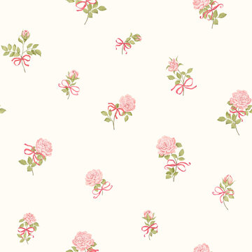 Watercolor seamless pattern with delicate pink roses and bows. Floral illustration in provence style for home textile, summer fabric or decorative wrapping paper, hand-drawn print on ivory background.