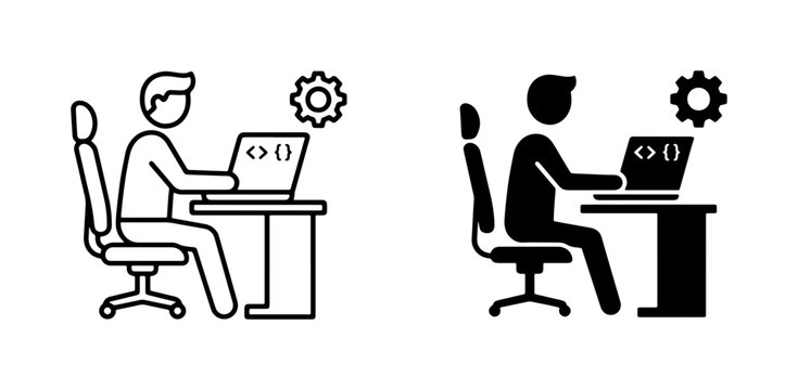 Programmer Working on Laptop, Coding Icon Set, Software Development, IT Professional, Digital Workspace, Technology Icons