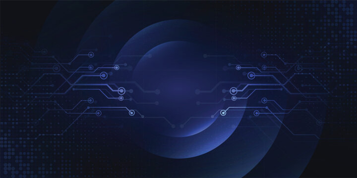 Abstract technology background with circuit lines and glowing blue circular elements