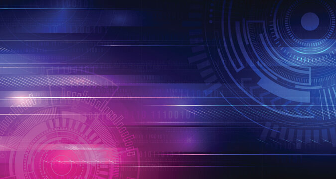 Abstract technology background with binary code and glowing circular elements in blue and purple