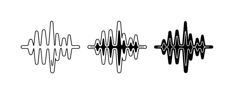 Sound Waveforms, Audio Spectrum Visualizations, and Voice Recording Icons. Set of three distinct graphic representations of sound waves, ideal for audio technology, music production