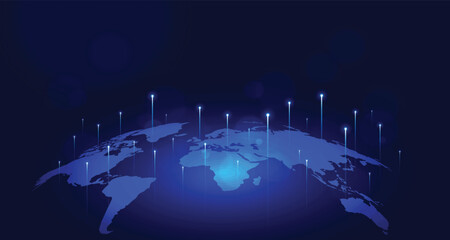 Blue glowing world map with connection points representing global network and data transfer © GRAPHIC ZONE