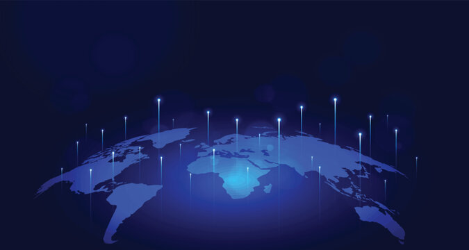 Blue glowing world map with connection points representing global network and data transfer