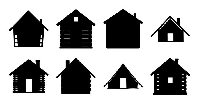 Black silhouette house icons set with different styles - A clean set of black silhouette house icons featuring various architectural styles for web, app, or presentation use. Perfect for design projec