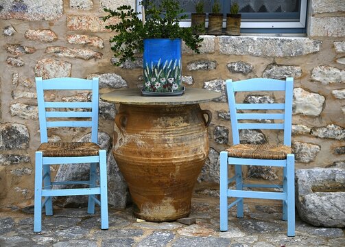 Landscape with scenic exterior view of a local traditional stone built bakery on Kapetan Matapa in Areopoli Mani, Lakonia Greece.
