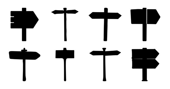 Set of eight black road sign icons - Collection of minimalist black road sign icons showing various directions and symbols for stock use.