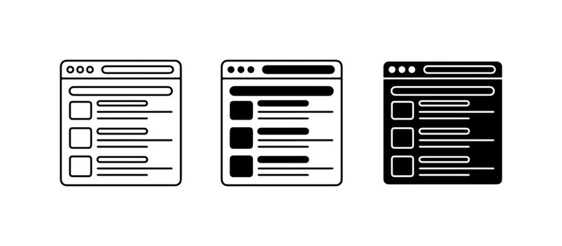 Web Browser Window Icons, Three Styles: Outline, Filled, Dark Mode Interface Elements for UI Design and Web Development