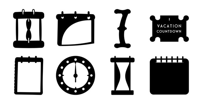 Black vacation and travel icons set flat design - Minimalist black icons representing vacation essentials like calendars, suitcases, maps, and clocks for travel-themed projects or websites.