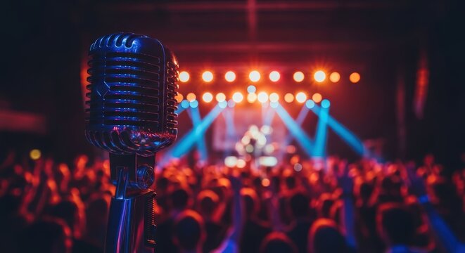 Retro microphone on concert stage with blurred crowd and colorful lights live music concept