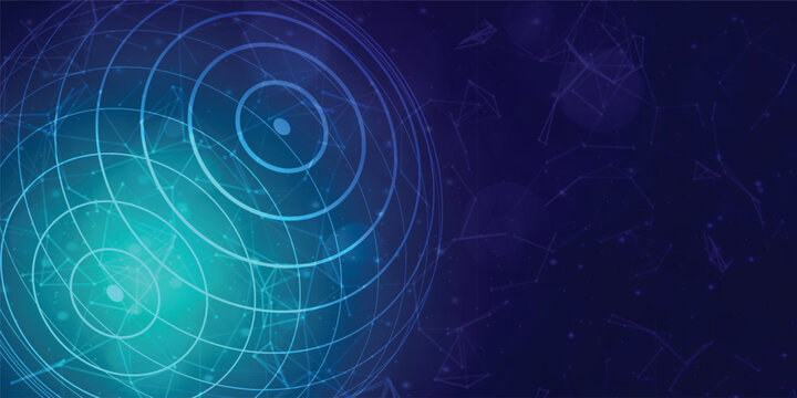 Abstract network of connected nodes and circles on a dark blue gradient background