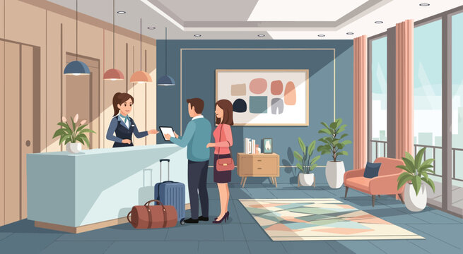 A happy couple checks into a contemporary hotel, receiving their room key from the friendly receptionist at the stylish front desk, ready to begin their comfortable and relaxing stay