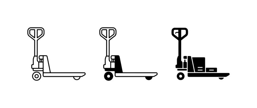 Pallet Jack Icons Set, Warehouse Equipment Vector Graphics, Logistics and Material Handling Symbols, Industrial Transport Illustrations