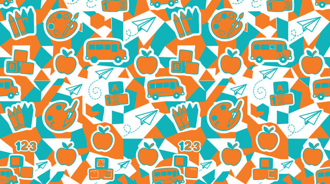 Vibrant icons of transportation and food arranged in colorful pattern