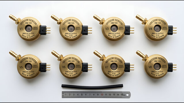 Vacuum Sensor Carburetor Small Round Brass Housing Single Barbed Vacuum Nipple Flat Lay on Pure White Board Overhead View for Manifold Vacuum