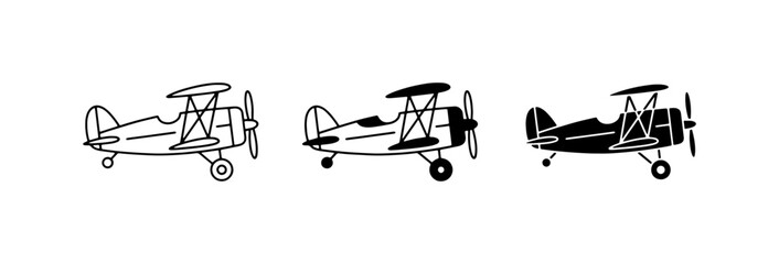 Vintage Biplane Illustrations, Retro Aircraft Icons, Classic Aviation Graphics, Set of 3 Black and White Vector Airplanes © Tania