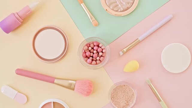 Professional decorative cosmetics, Makeup products and accessories. The beauty of the background with cosmetic facilities. Beauty, fashion, visage, skin care and shopping blogger concept. 4k